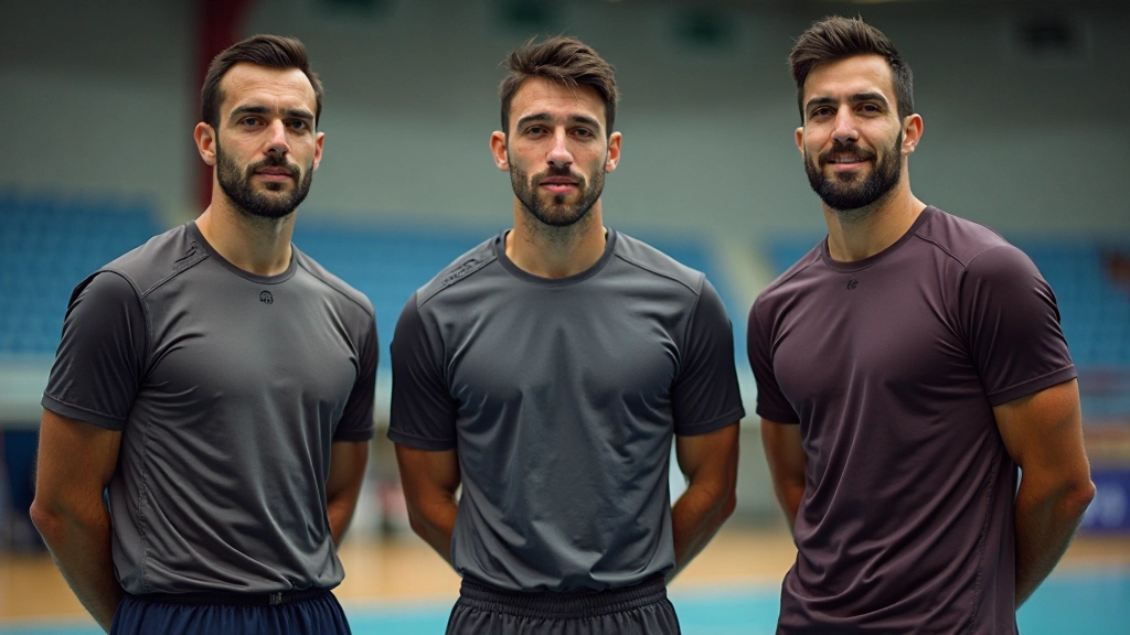 مجموعة من لاعبي كرة اليد يقفون معاً في غرفة تدريب، يرتدون ملابس رياضية متنوعة، إضاءة احترافية، خلفية ضبابية، صورة من الصدر للأعلى، تعبيرات إيجابية، بدون نصوص