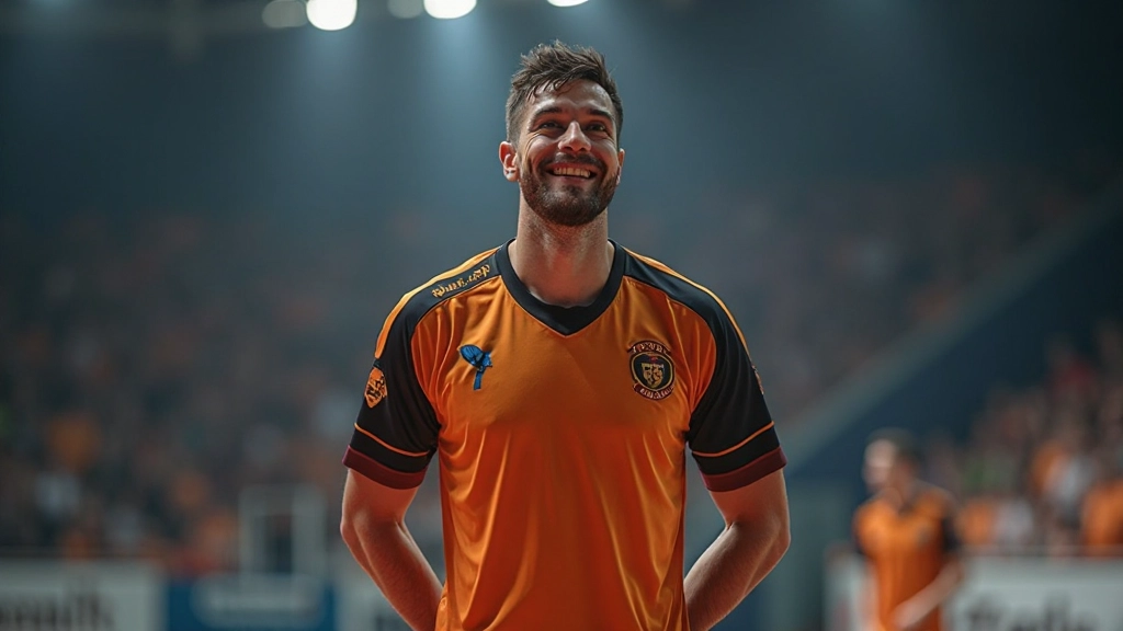 لاعب كرة يد يسجل هدفاً ويرفع يده احتفالاً