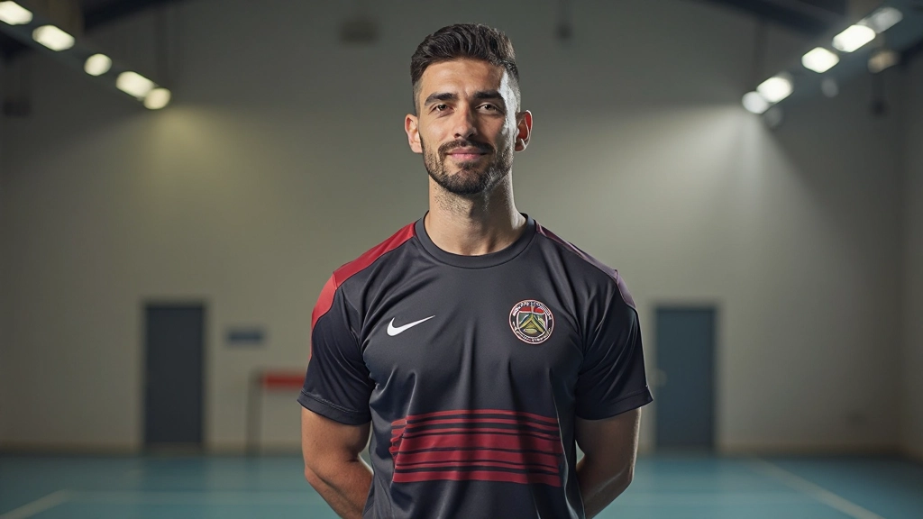 لاعب كرة يد محترف يرتدي زي فريقه، يقف بثقة في صالة التدريب، إضاءة طبيعية، خلفية ضبابية، بدون نصوص أو علامات مائية